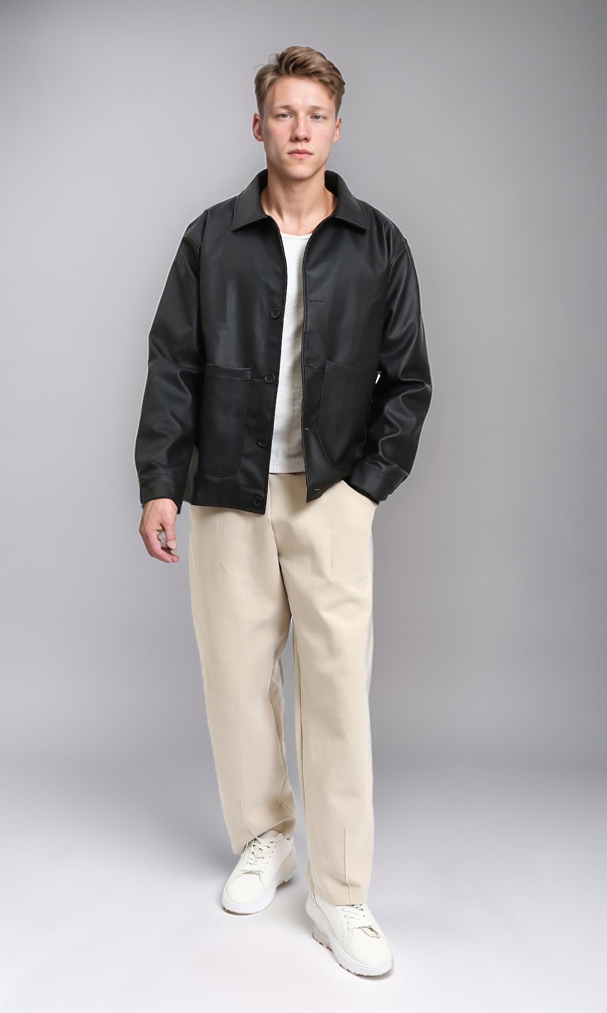 Black Winter Jacket with Pockets - Solid Polyester Coat for Men