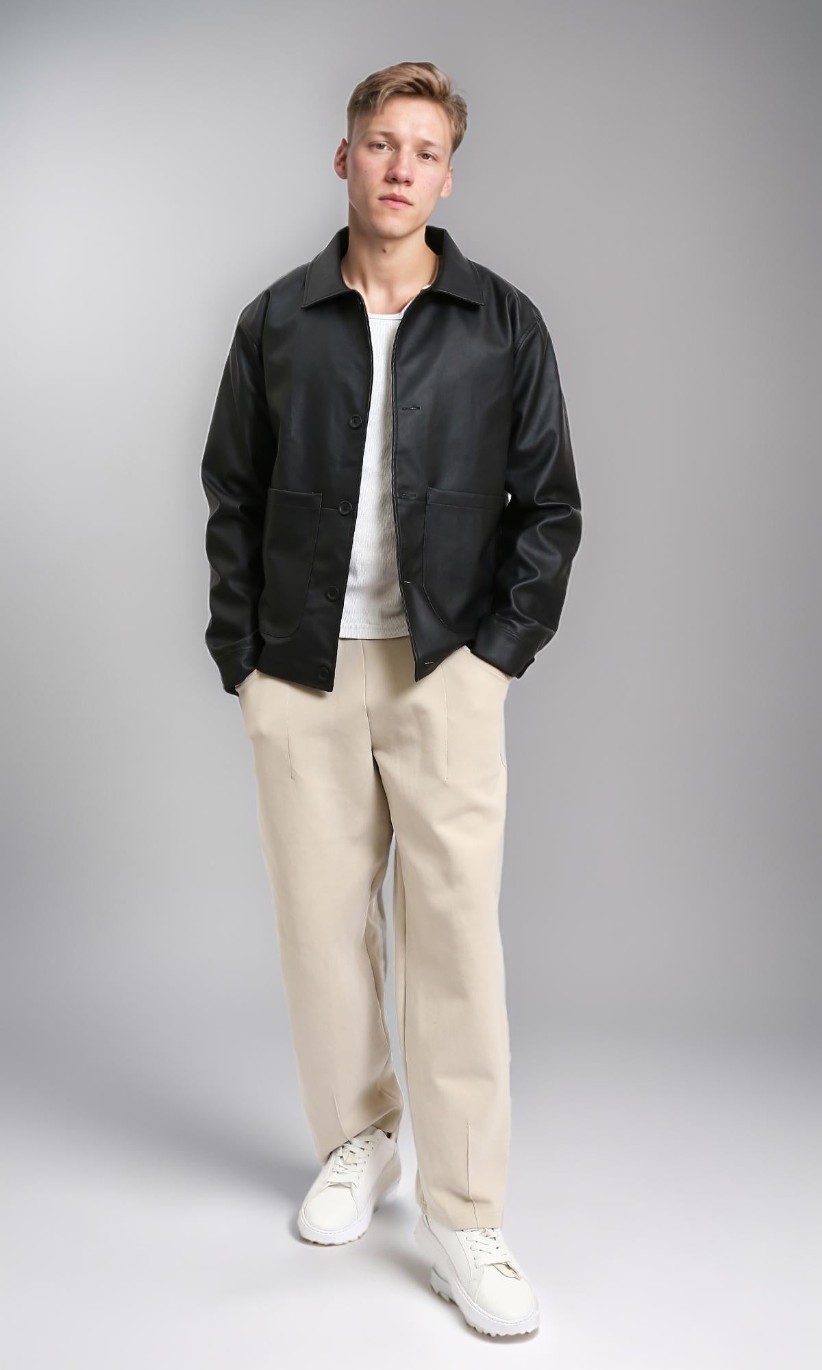 Black Winter Jacket with Pockets - Solid Polyester Coat for Men