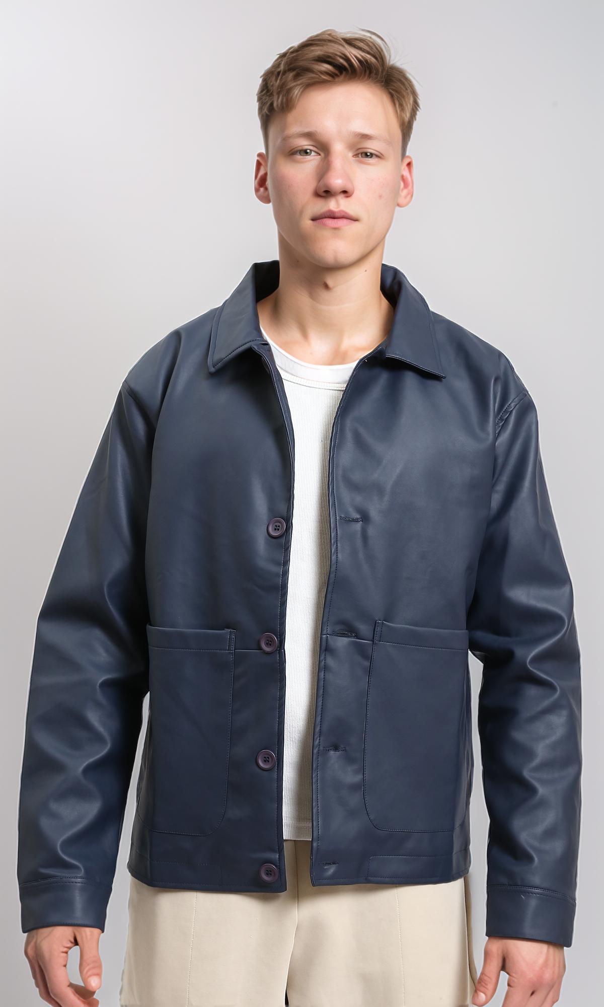Solid Winter Jacket with Front Pockets - Navy Blue