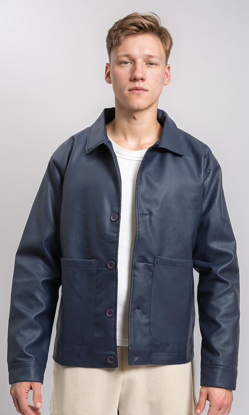 R213717 - Solid Winter Jacket with Front Pockets - Navy Blue