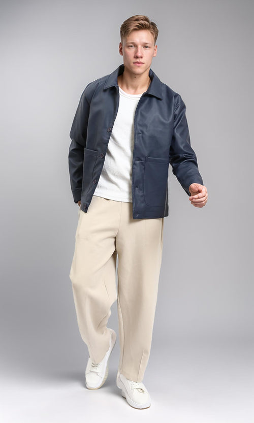 R213717 - Solid Winter Jacket with Front Pockets - Navy Blue