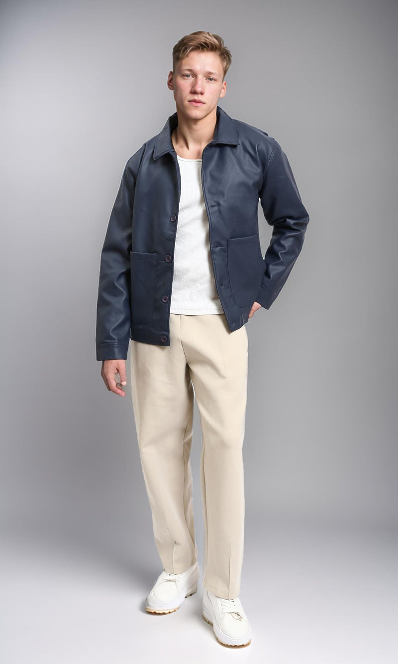 R213717 - Solid Winter Jacket with Front Pockets - Navy Blue