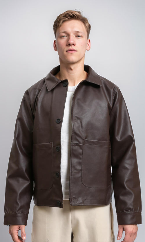 R213718 - Solid Winter Jacket with Front Pockets - Dark Brown