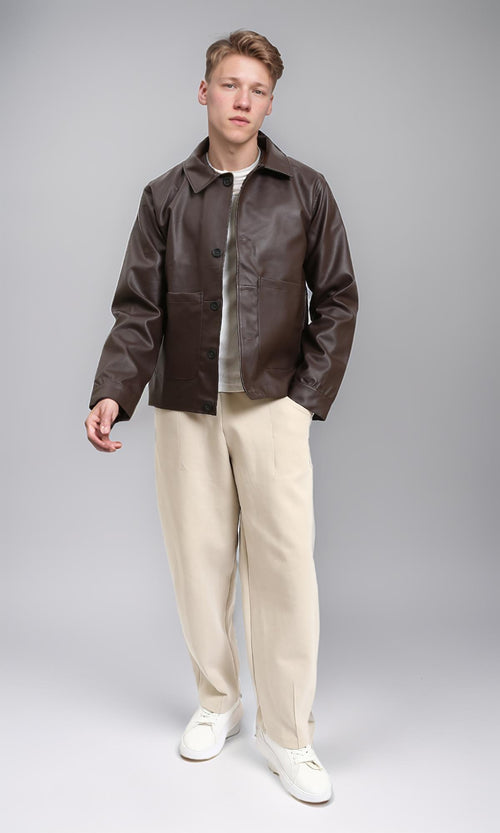 R213718 - Solid Winter Jacket with Front Pockets - Dark Brown