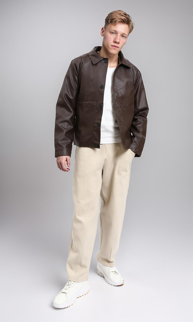R213718 - Solid Winter Jacket with Front Pockets - Dark Brown