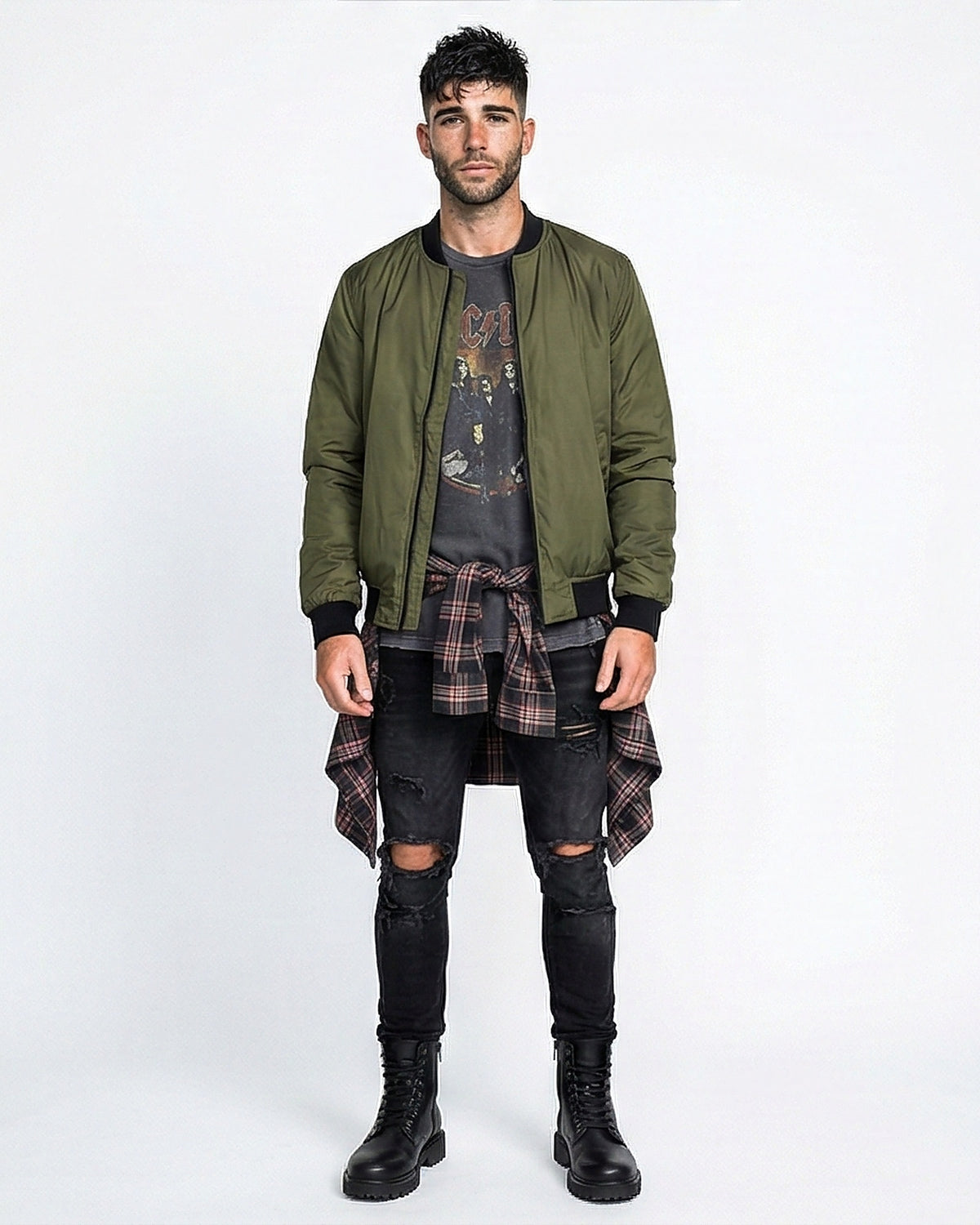Olive Green Urban Bomber Jacket with Contrast Ribbing - R213720