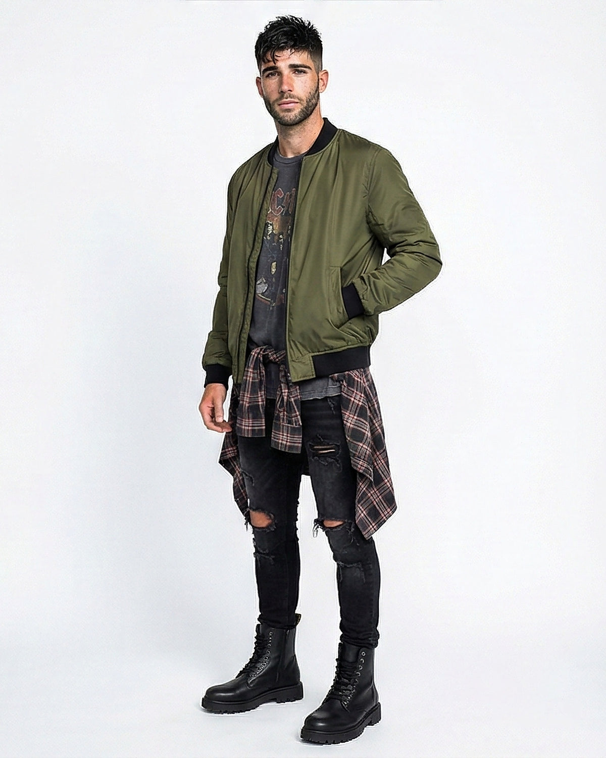 Olive Green Urban Bomber Jacket with Contrast Ribbing - R213720