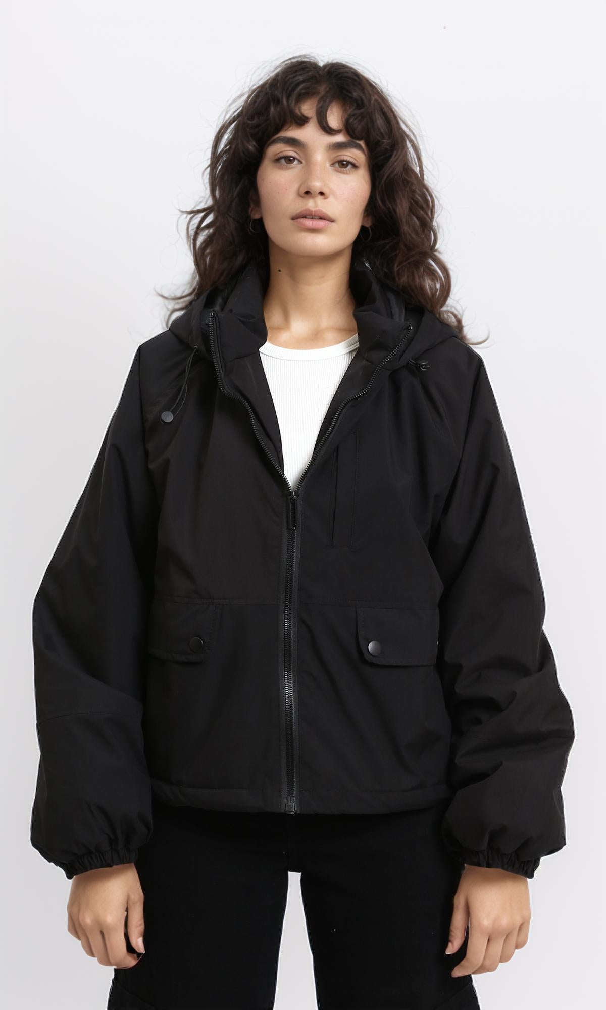 R213733 - Long Sleeves with Hem Hooded Jacket - Black