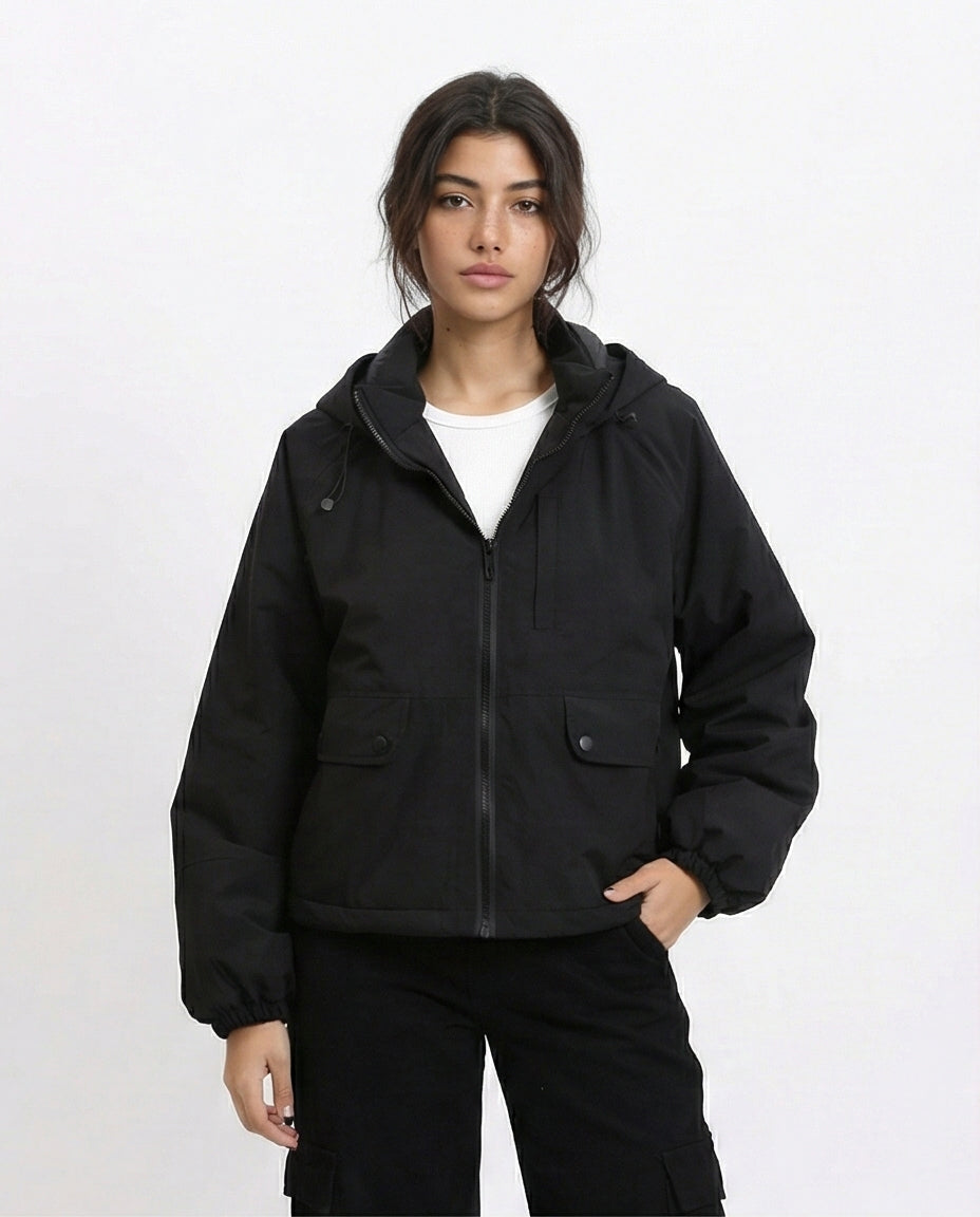 Long Sleeves with Hem Hooded Jacket - Black