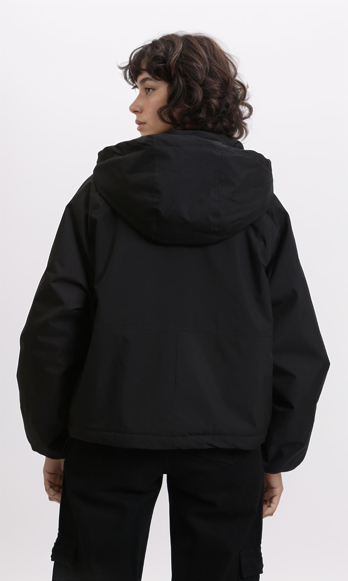 R213733 - Long Sleeves with Hem Hooded Jacket - Black