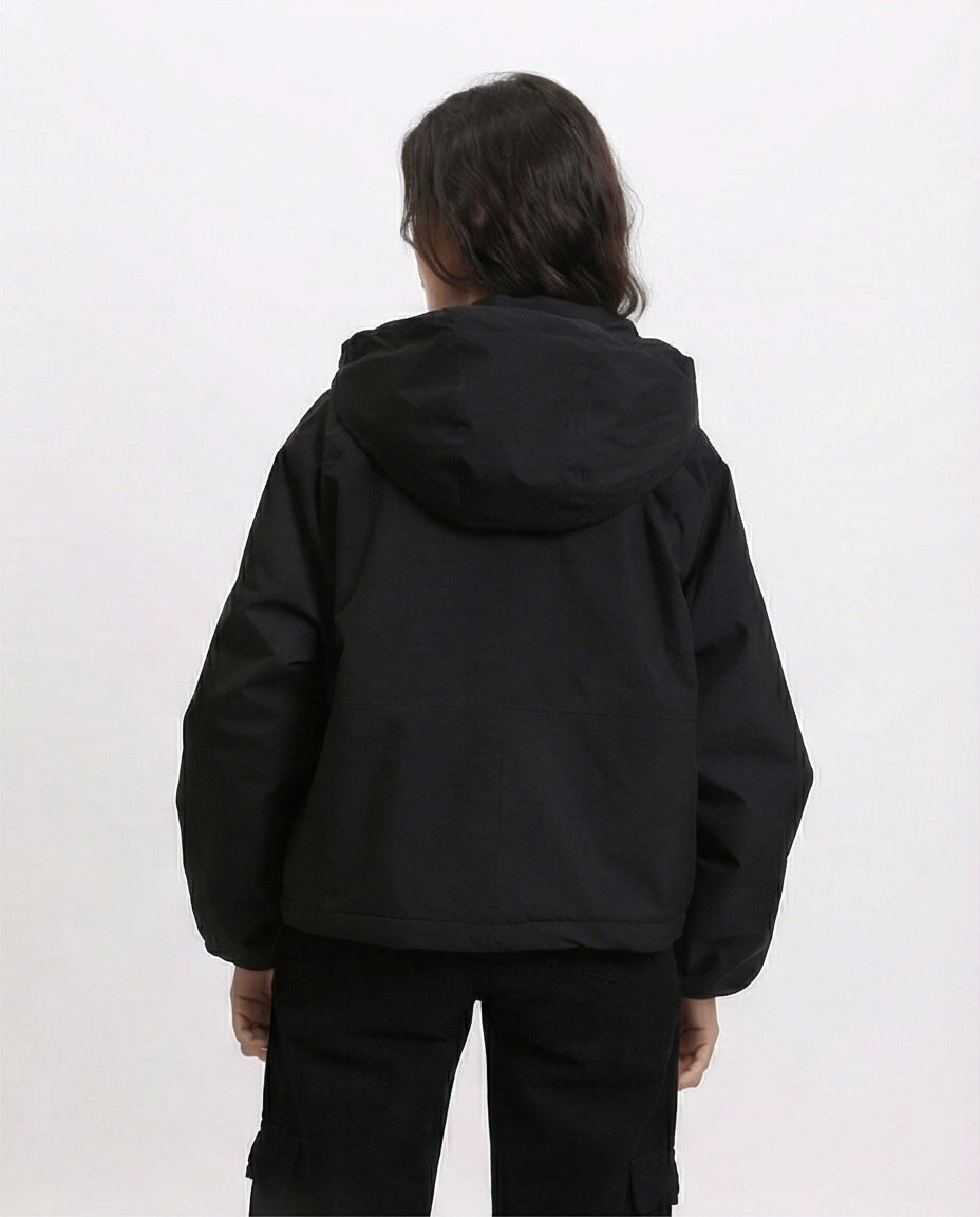 R213733 - Long Sleeves with Hem Hooded Jacket - Black