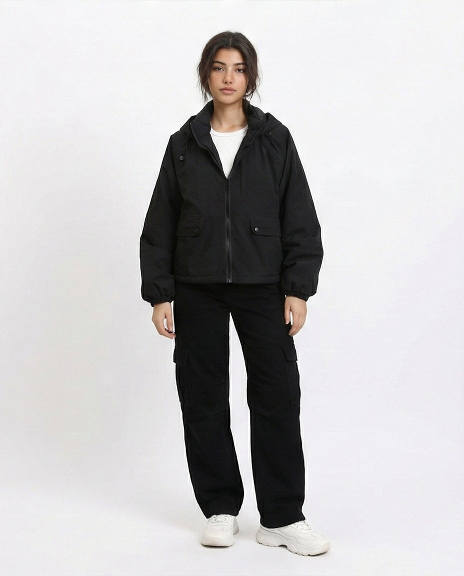 R213733 - Long Sleeves with Hem Hooded Jacket - Black