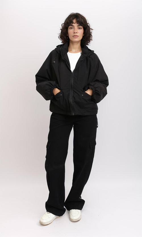 R213733 - Long Sleeves with Hem Hooded Jacket - Black