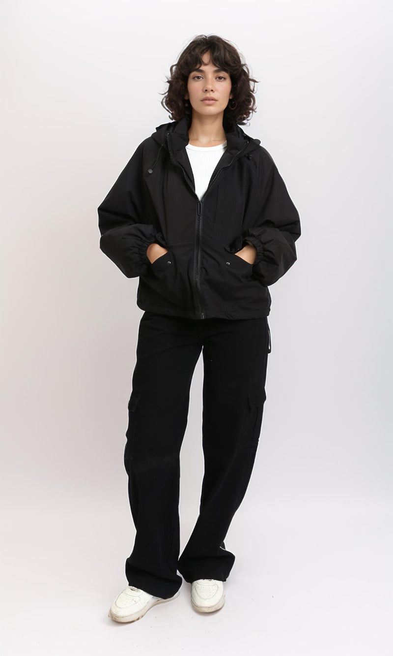 R213733 - Long Sleeves with Hem Hooded Jacket - Black
