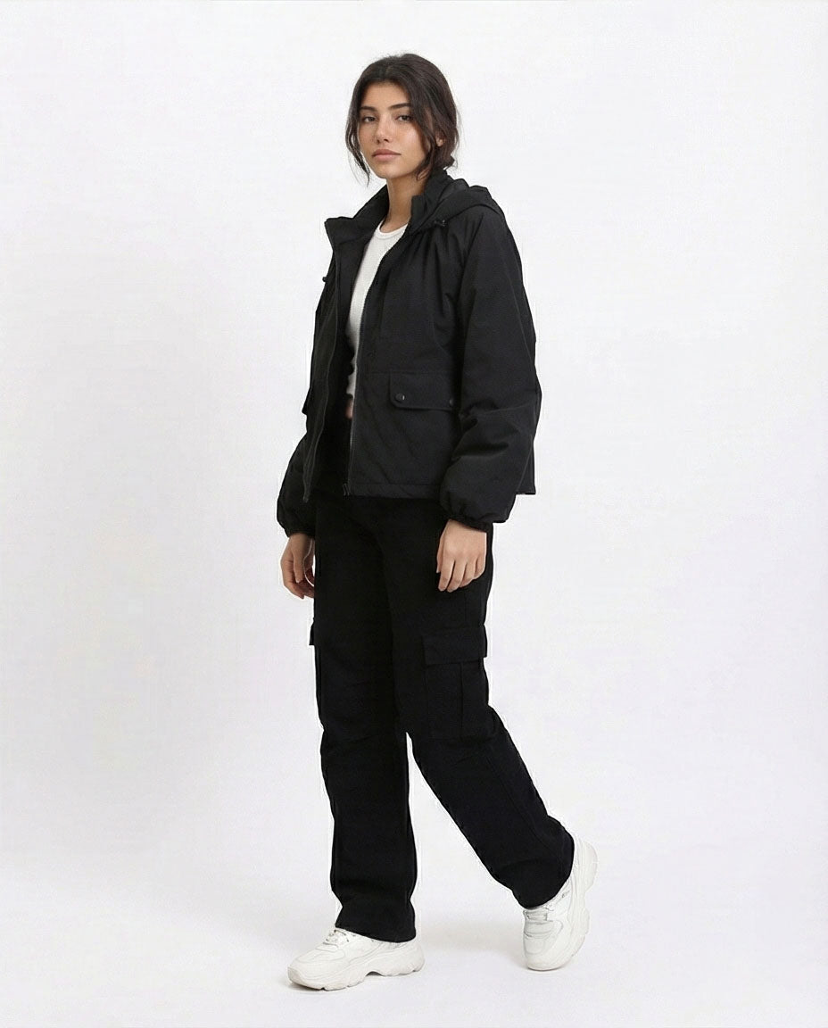 R213733 - Long Sleeves with Hem Hooded Jacket - Black