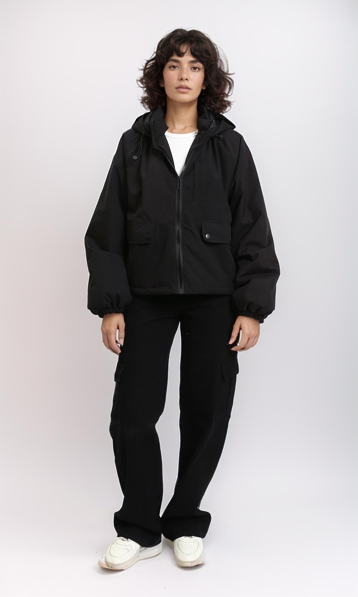 R213733 - Long Sleeves with Hem Hooded Jacket - Black