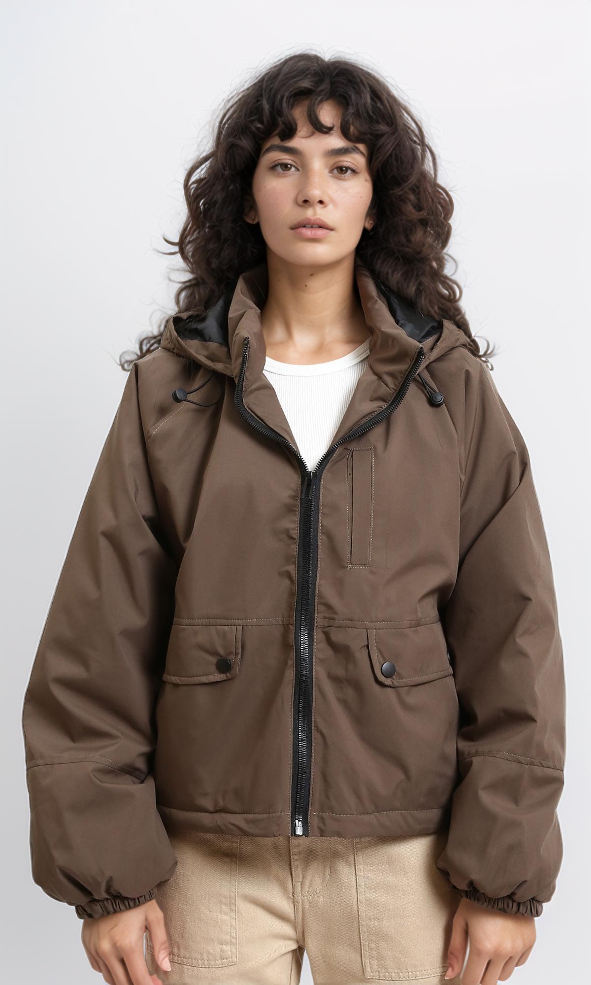 Long Sleeves with Hem Hooded Jacket - Brown
