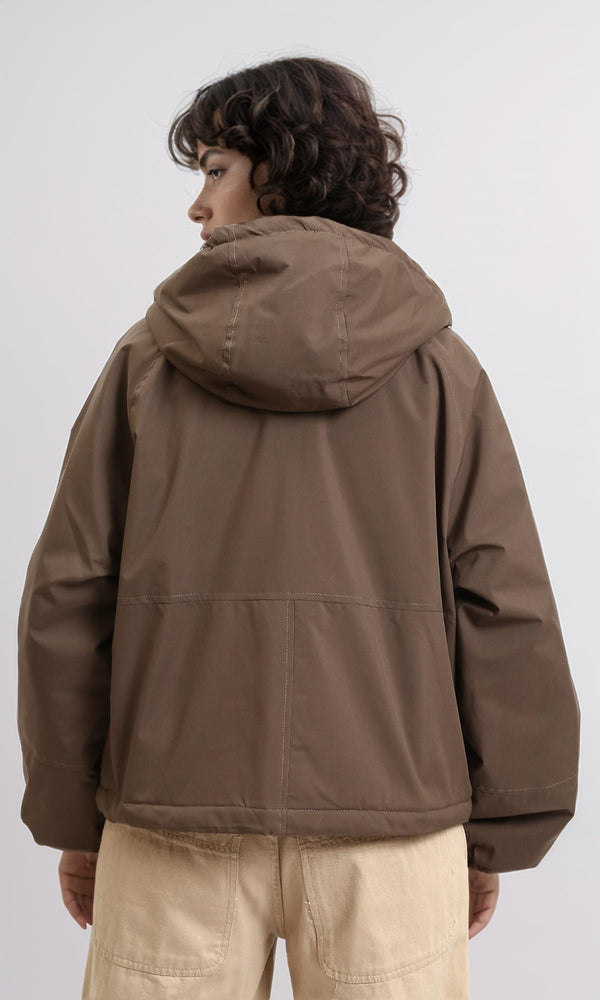 R213734 - Long Sleeves with Hem Hooded Jacket - Brown