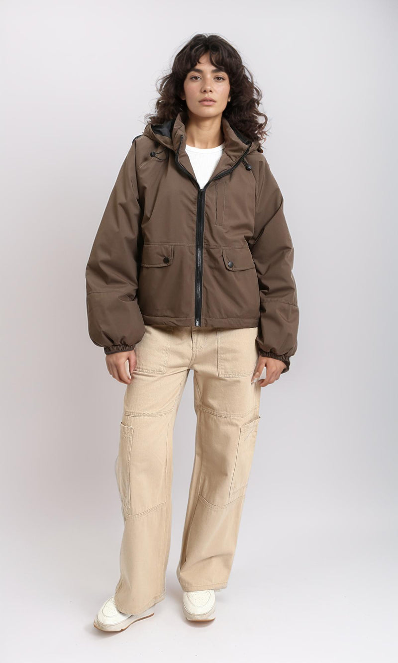 R213734 - Long Sleeves with Hem Hooded Jacket - Brown