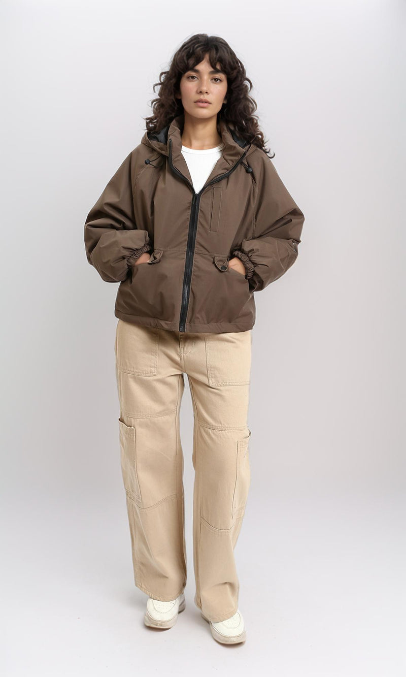 R213734 - Long Sleeves with Hem Hooded Jacket - Brown