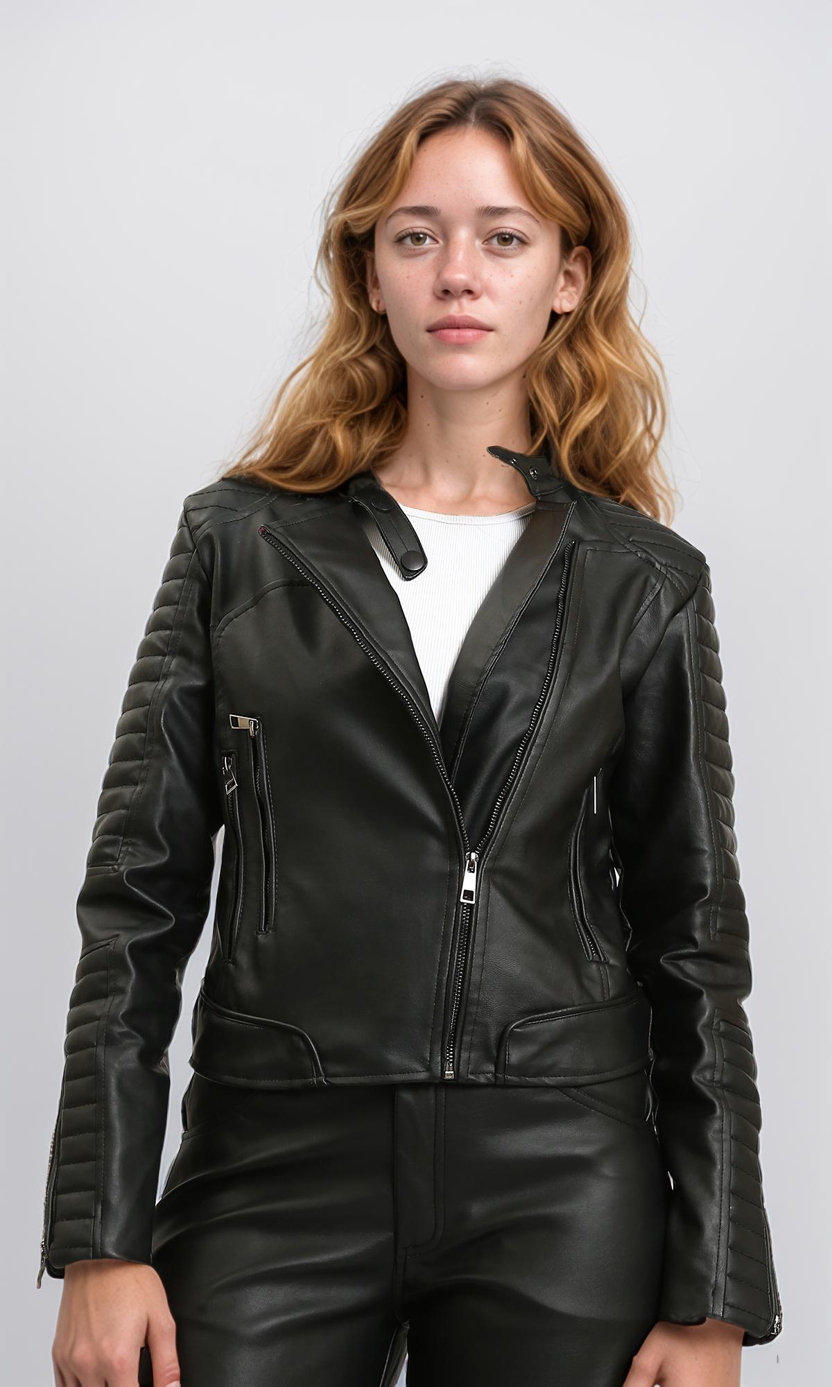 Leather Biker Jacket with Quilted Sleeve - Black