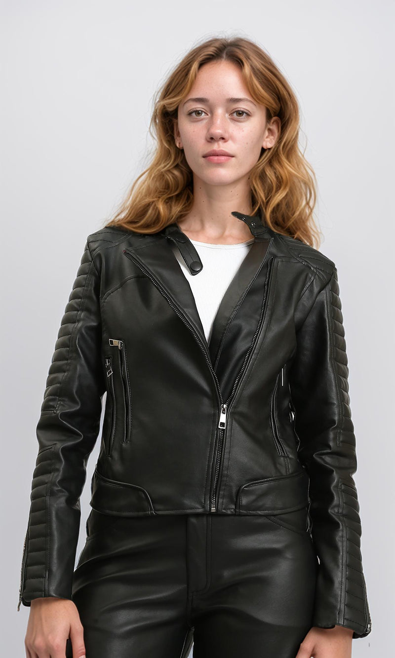 R213736 - Leather Biker Jacket with Quilted Sleeve - Black
