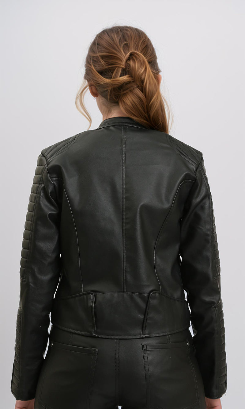 R213736 - Leather Biker Jacket with Quilted Sleeve - Black