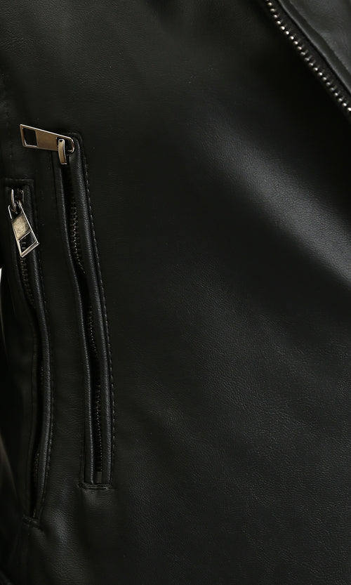 R213736 - Leather Biker Jacket with Quilted Sleeve - Black