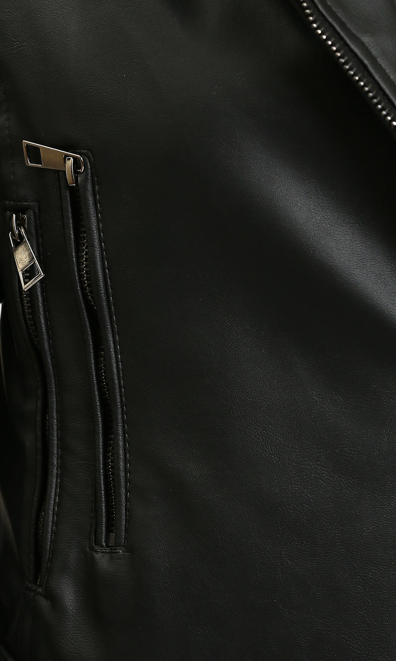 R213736 - Leather Biker Jacket with Quilted Sleeve - Black