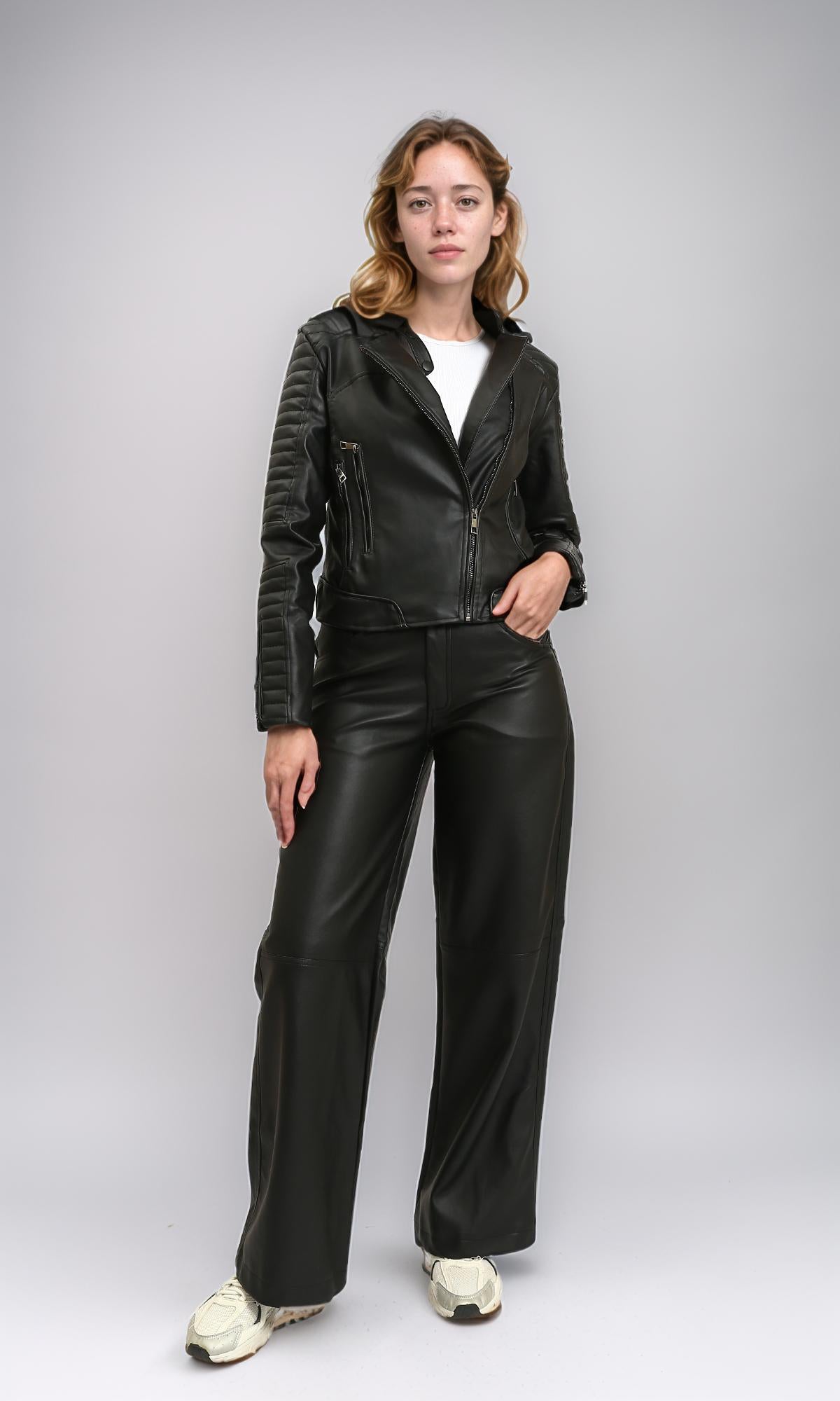 R213736 - Leather Biker Jacket with Quilted Sleeve - Black