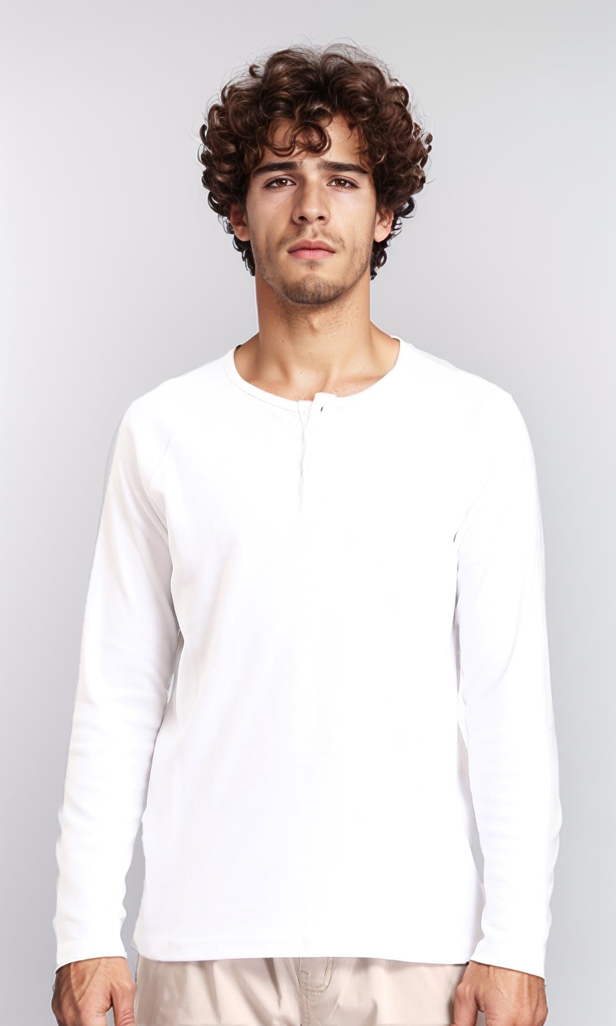 Long Sleeves Solid Buttoned Henley Shirt - White