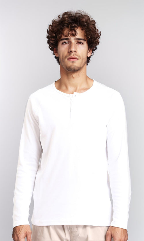 Long Sleeves Solid Buttoned Henley Shirt - White