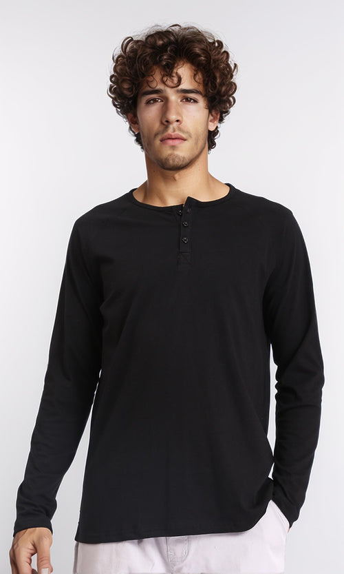 R213750 - Long Sleeves Solid Buttoned Henley Shirt - Black