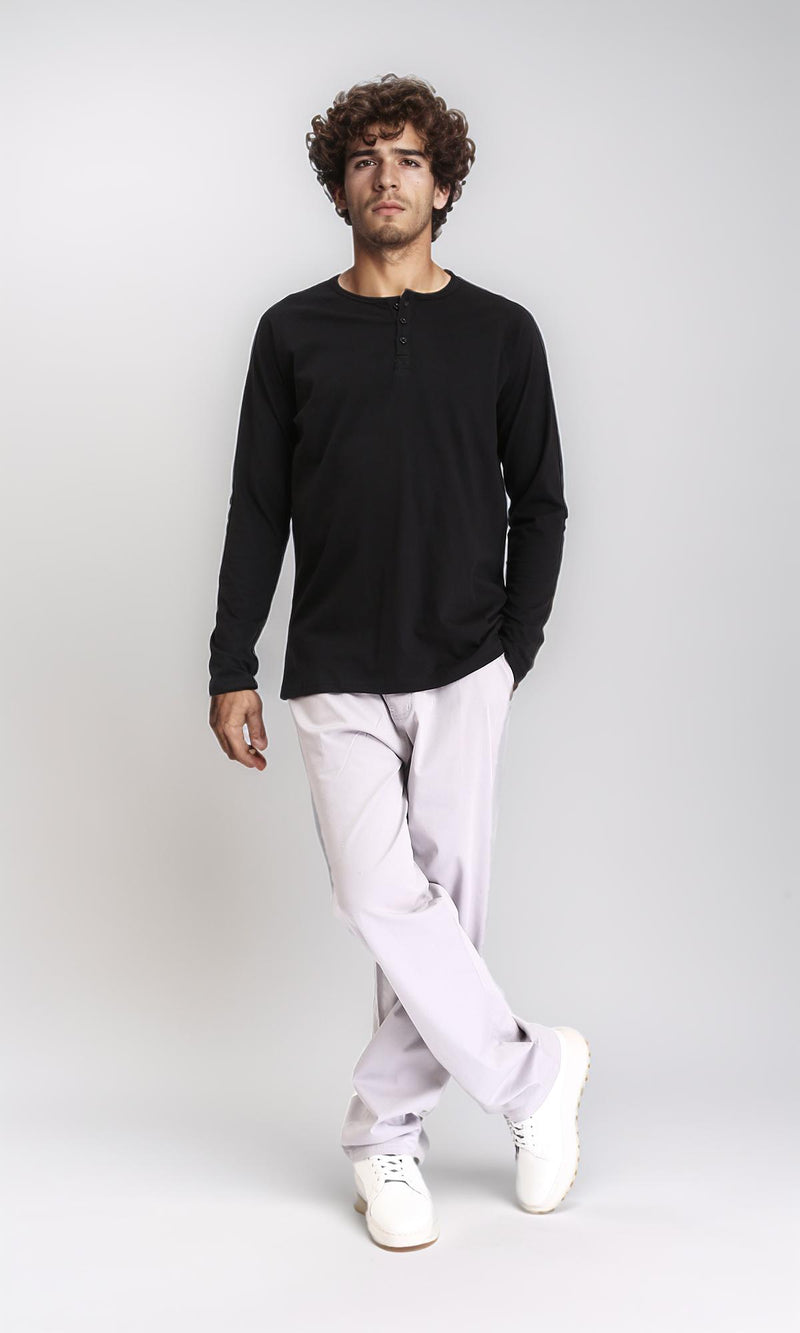 R213750 - Long Sleeves Solid Buttoned Henley Shirt - Black