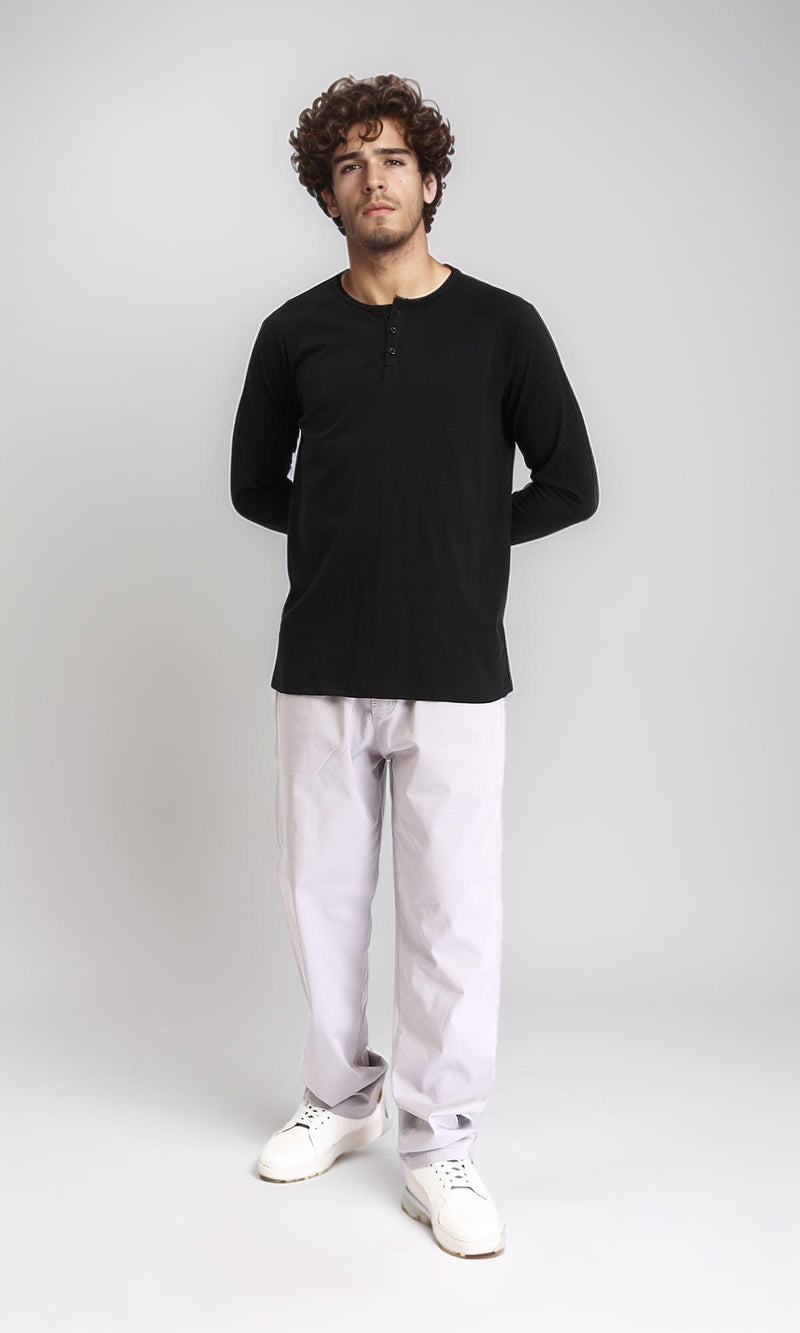 R213750 - Long Sleeves Solid Buttoned Henley Shirt - Black