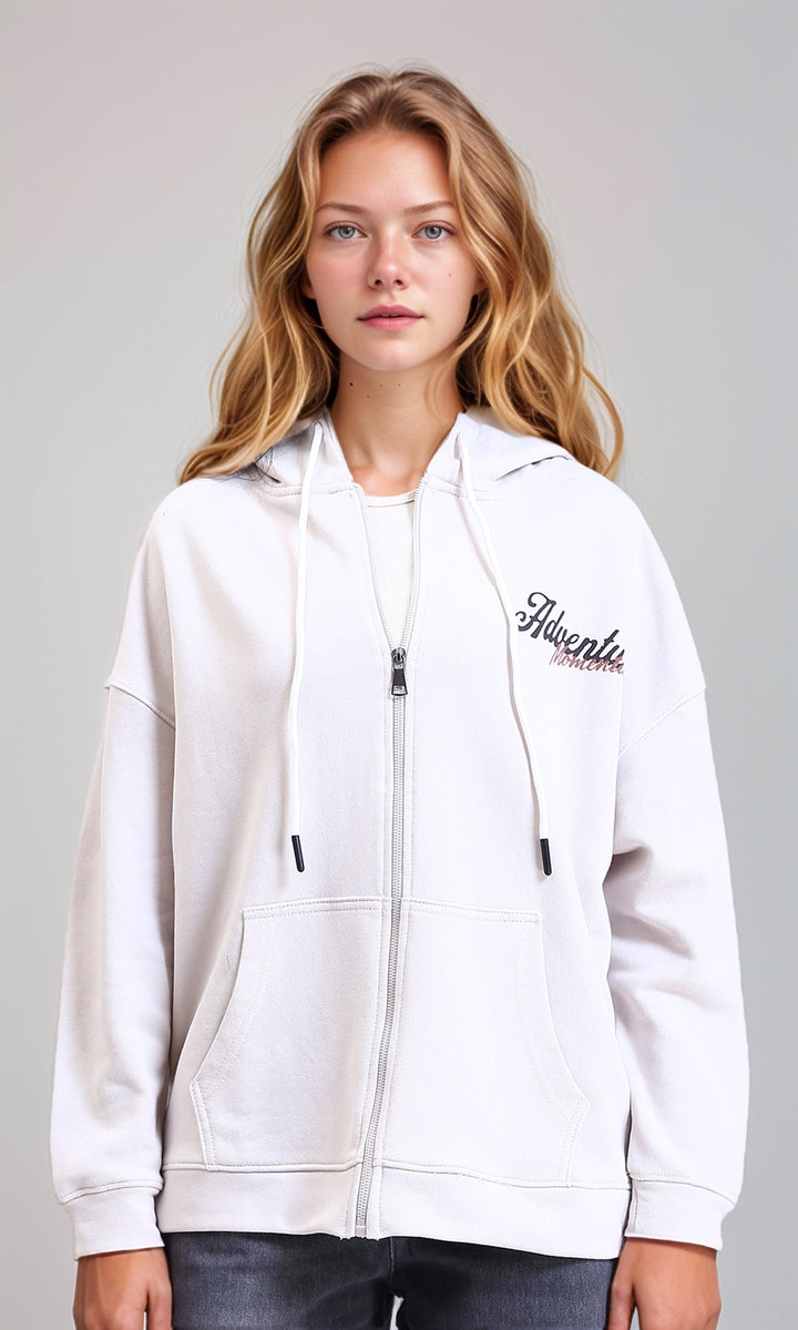 Long Sleeves Printed Zipped Hoodie - Light Beige