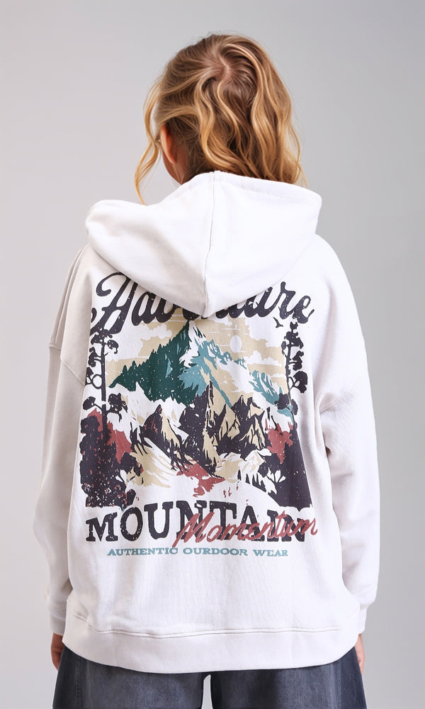 R213756 - Long Sleeves Printed Zipped Hoodie - Light Beige