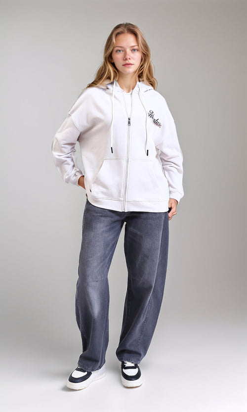 Oversized Graphic Zip-Up Hoodie in Light Beige - R213756