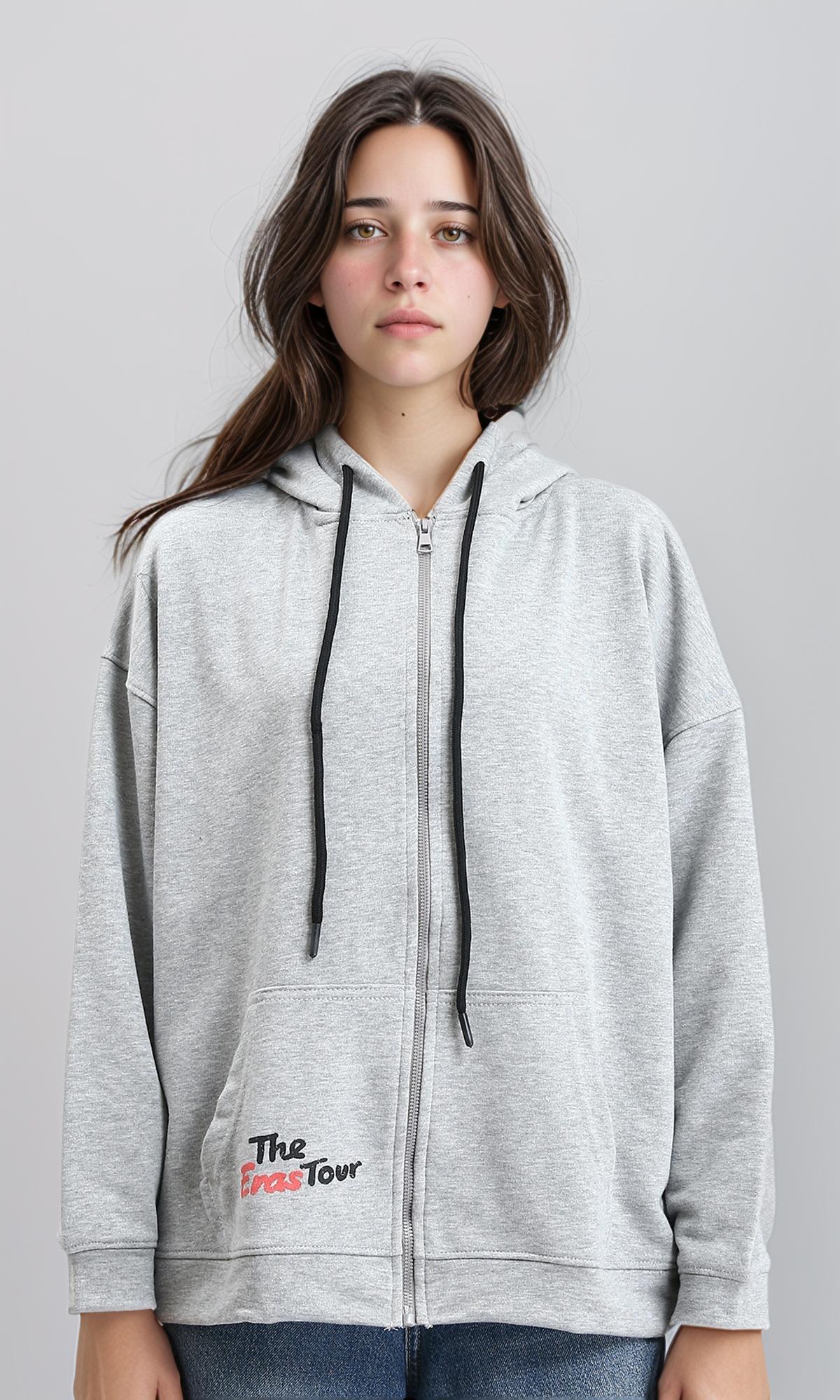 R213757 - Hooded Neck Printed Zipped Sweatshirt - Heather Grey