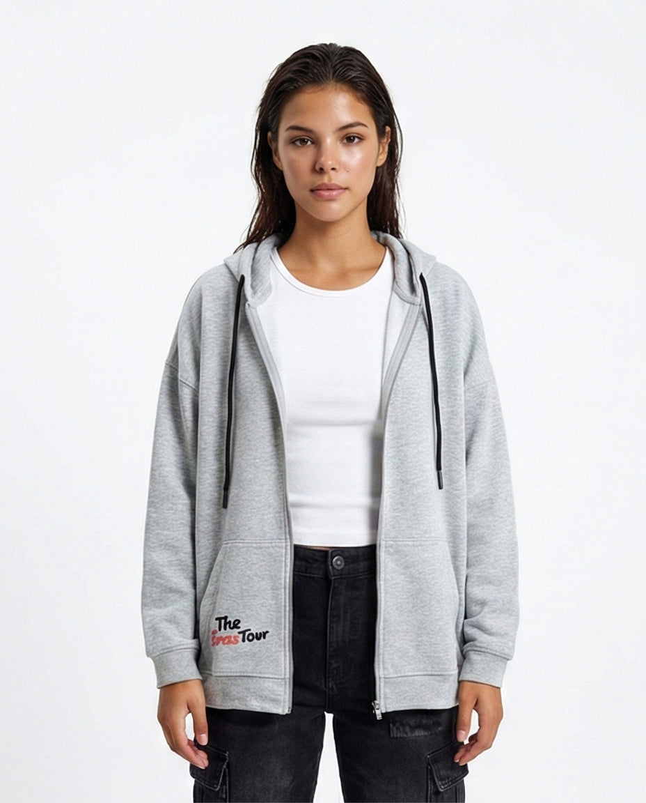 Hooded Neck Printed Zipped Sweatshirt - Heather Grey