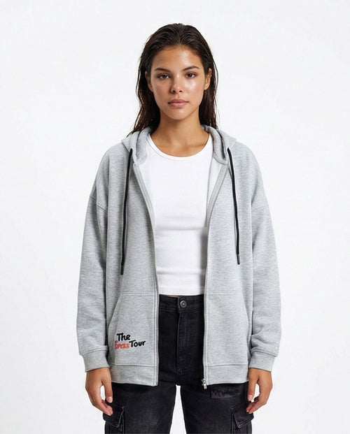 Hooded Neck Printed Zipped Sweatshirt - Heather Grey