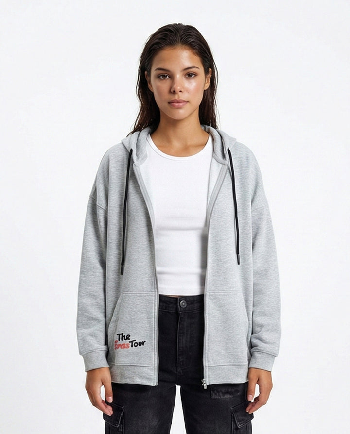 Hooded Neck Printed Zipped Sweatshirt - Heather Grey
