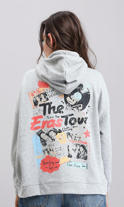 R213757 - Hooded Neck Printed Zipped Sweatshirt - Heather Grey