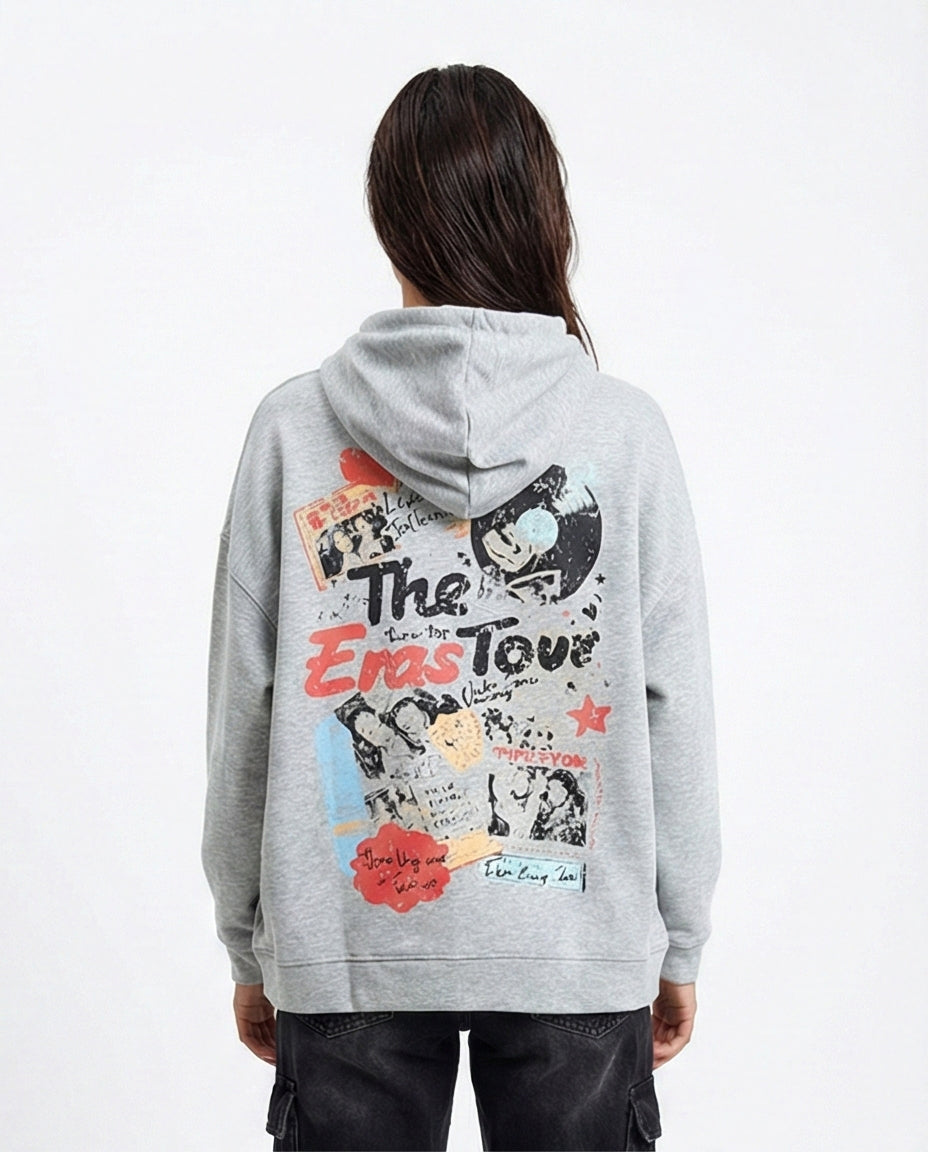 R213757 - Hooded Neck Printed Zipped Sweatshirt - Heather Grey