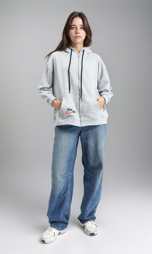 R213757 - Hooded Neck Printed Zipped Sweatshirt - Heather Grey