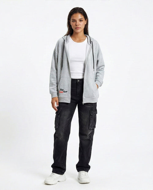 R213757 - Hooded Neck Printed Zipped Sweatshirt - Heather Grey