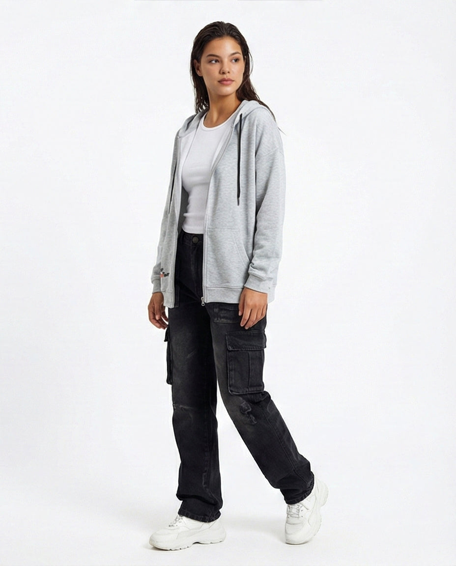 R213757 - Hooded Neck Printed Zipped Sweatshirt - Heather Grey