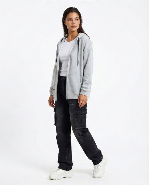 R213757 - Hooded Neck Printed Zipped Sweatshirt - Heather Grey