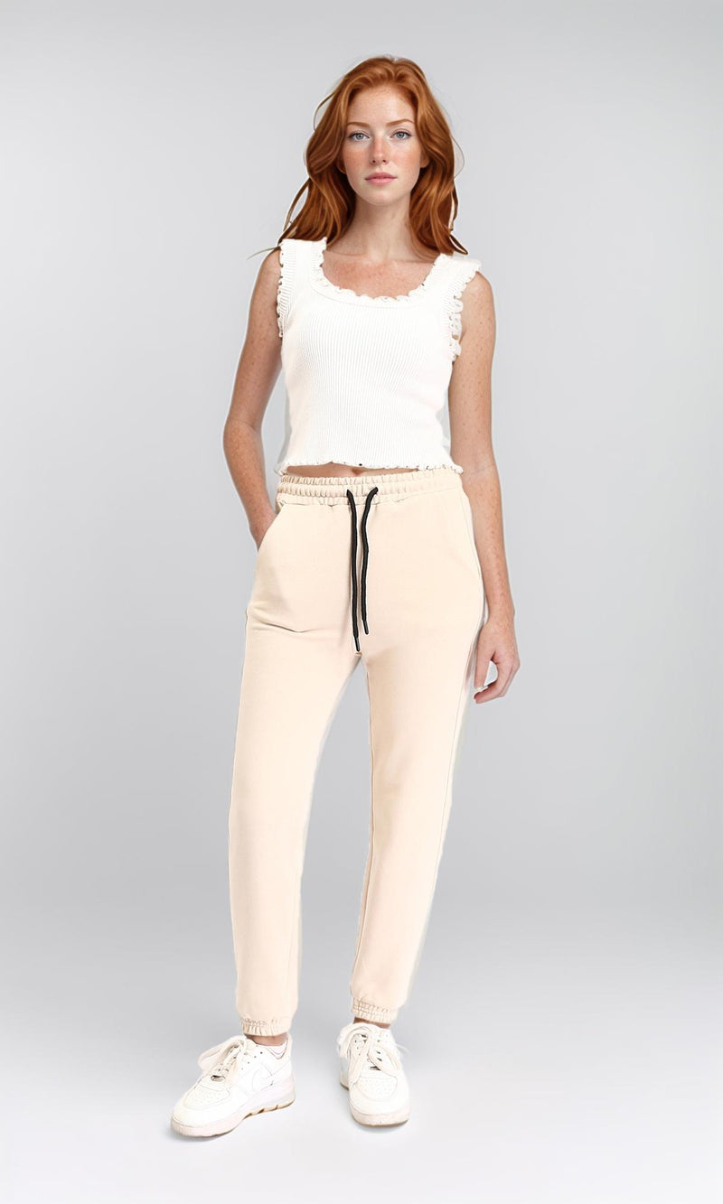 R213759 - Regular Fit Cotton Drawstring Sweatpants - Light Beige