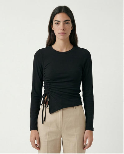 Women's Asymmetrical Ruched Side-Tie Ribbed Long Sleeve Top - Black